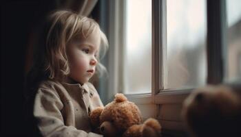 linda caucásico niñito sentado por ventana con osito de peluche oso juguete generado por ai foto