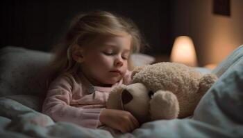 Cute Caucasian girl playing with teddy bear in comfortable bedroom generated by AI photo