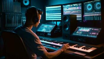 uno experto sonido ingeniero mezcla música en iluminado grabación estudio generado por ai foto