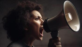 Young women shouting into megaphone, broadcasting message of protest generated by AI photo