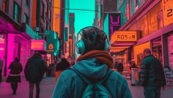 joven adultos caminando en borroso movimiento mediante iluminado ciudad calles generado por ai foto