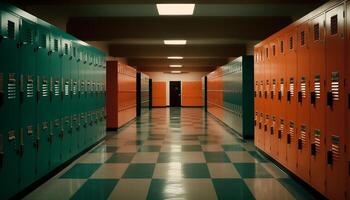 Empty locker room with blue and yellow lockers in a row generated by AI photo