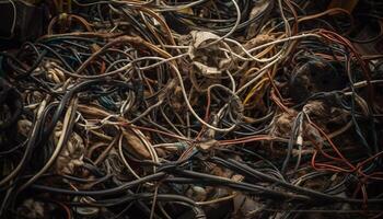 Tangled wire heap, rusty power supply, obsolete electronics industry mess generated by AI photo