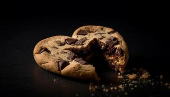 Heart shaped chocolate chip cookie on rustic wooden table generated by AI photo