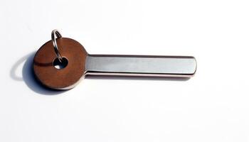 Metallic wrench unlocks rusty lock on white background generated by AI photo