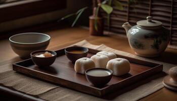 Chinese dumplings steamed in clay teapot, served with pork appetizer generated by AI photo