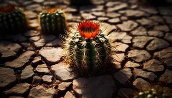 pequeño amarillo flor, agudo espinas, dolor en árido clima generado por ai foto