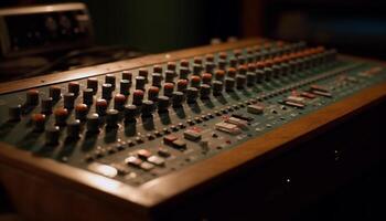 Sound engineer pushes knob on mixing desk in recording studio generated by AI photo