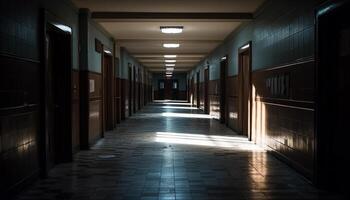 Empty corridor, modern architecture, vanishing point, illuminated futuristic door generated by AI photo
