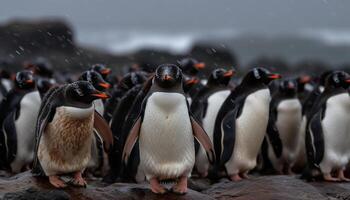 Rey y gentoo pingüinos anadear en glacial africano línea costera generado por ai foto