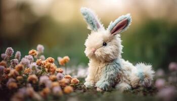 Fluffy baby rabbit sitting in green meadow, enjoying sunlight generated by AI photo