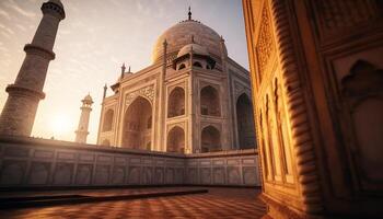 Majestic sandstone monument illuminated by sunset, a famous travel destination generated by AI photo