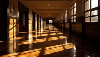 Vanishing point leads to modern corridor with glass reflection and shadow generated by AI photo