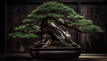 antiguo japonés estatua en frente de en conserva pino árbol generado por ai foto