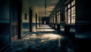 Spooky old abandoned warehouse with rusty steel architectural columns generated by AI photo