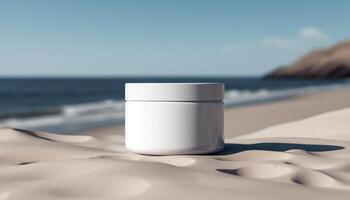 Healthy sunscreen bottle on sandy beach for summer vacation relaxation generated by AI photo