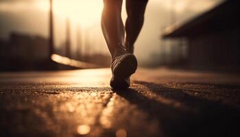 joven adulto trotar al aire libre a amanecer, promoviendo sano estilo de vida generado por ai foto