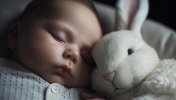 Sleeping baby rabbit brings love and innocence to family portrait generated by AI photo