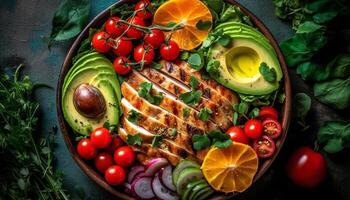 Grilled fillet steak on wood plate, fresh salad appetizer generated by AI photo