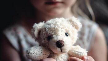 Cute girl holding teddy bear, smiling with innocent joy generated by AI photo