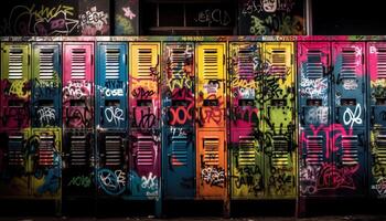 Vibrant colors of graffiti decorate old building in city street generated by AI photo