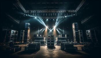 Spotlight igniting stage, illuminating rock music performance in nightclub generated by AI photo