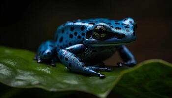 Endangered poison arrow frog sitting on wet leaf, looking cute generated by AI photo