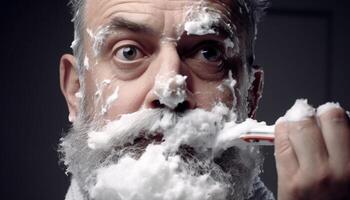 One man shaving with foam, looking at camera, smiling generated by AI photo