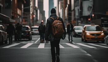 One person walking in rush hour traffic, city life motion generated by AI photo