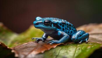 pequeño, lindo, venenoso rana sentado en hoja en terrario generado por ai foto