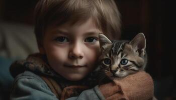 caucásico niño abraza linda gatito, ambos sonriente a cámara felizmente generado por ai foto