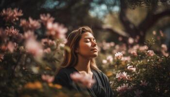 Young woman enjoys nature beauty, surrounded by flowers and sunlight generated by AI photo