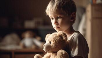 Cute Caucasian boy sitting with teddy bear, smiling at camera generated by AI photo
