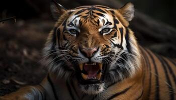 Majestic tiger staring fiercely, teeth bared, in tropical rainforest generated by AI photo