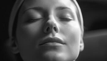 Serene beauty sleeping, eyes closed, tranquil scene, black and white generated by AI photo