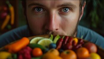 uno hombre sonriente, comiendo sano ensalada, disfrutando frescura y naturaleza generado por ai foto