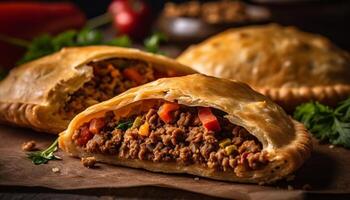 Freshly grilled beef stuffed in a homemade taco shell generated by AI photo