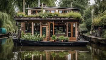 Nautical vessel travels through tranquil canal surrounded by green nature generated by AI photo