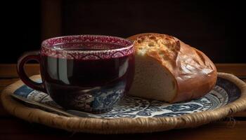 recién horneado ciabatta en rústico de madera mesa con mantequilla y vino generado por ai foto