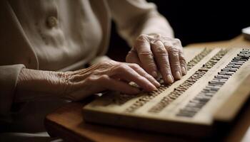 mayor mujer leyendo Biblia, participación mano en oración para sabiduría generado por ai foto