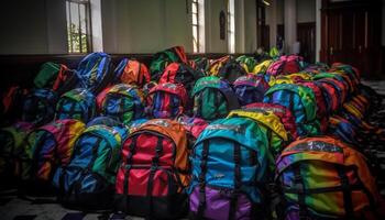 Multi colored backpacks for outdoor adventure and hiking travel destinations generated by AI photo