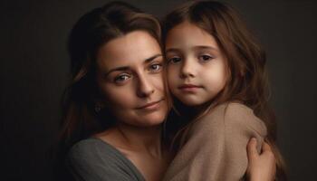 Mother and daughter embrace, smiling with love and happiness generated by AI photo