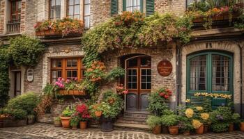 Old fashioned cottage with balcony and potted plants in rural scene generated by AI photo