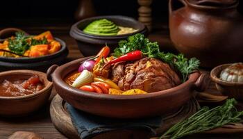 Grilled meat and vegetables on rustic wooden plate for lunch generated by AI photo