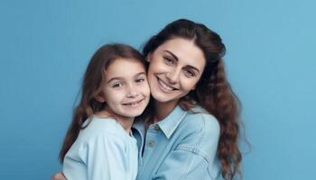 Two females, mother and daughter, smiling in blue studio shot generated by AI photo