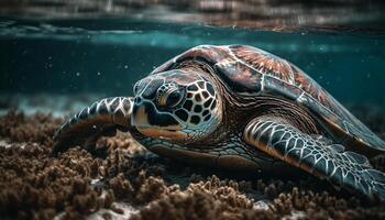 Slow sea turtle swimming in tropical blue waters generated by AI photo