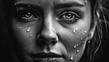 Young adult woman smiling, raindrop on face, black and white generated by AI photo