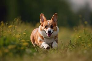 Welsh Corgi Pembroke dog running in the meadow photo