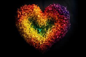 vistoso corazón forma en negro antecedentes. amor y romance concepto. un corazón hecho de arco iris colores, ai generado foto