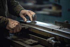 carpintero trabajando en un torno, de cerca de manos, un industrial trabajadores manos cerca arriba de trabajando en proyecto, ai generado foto